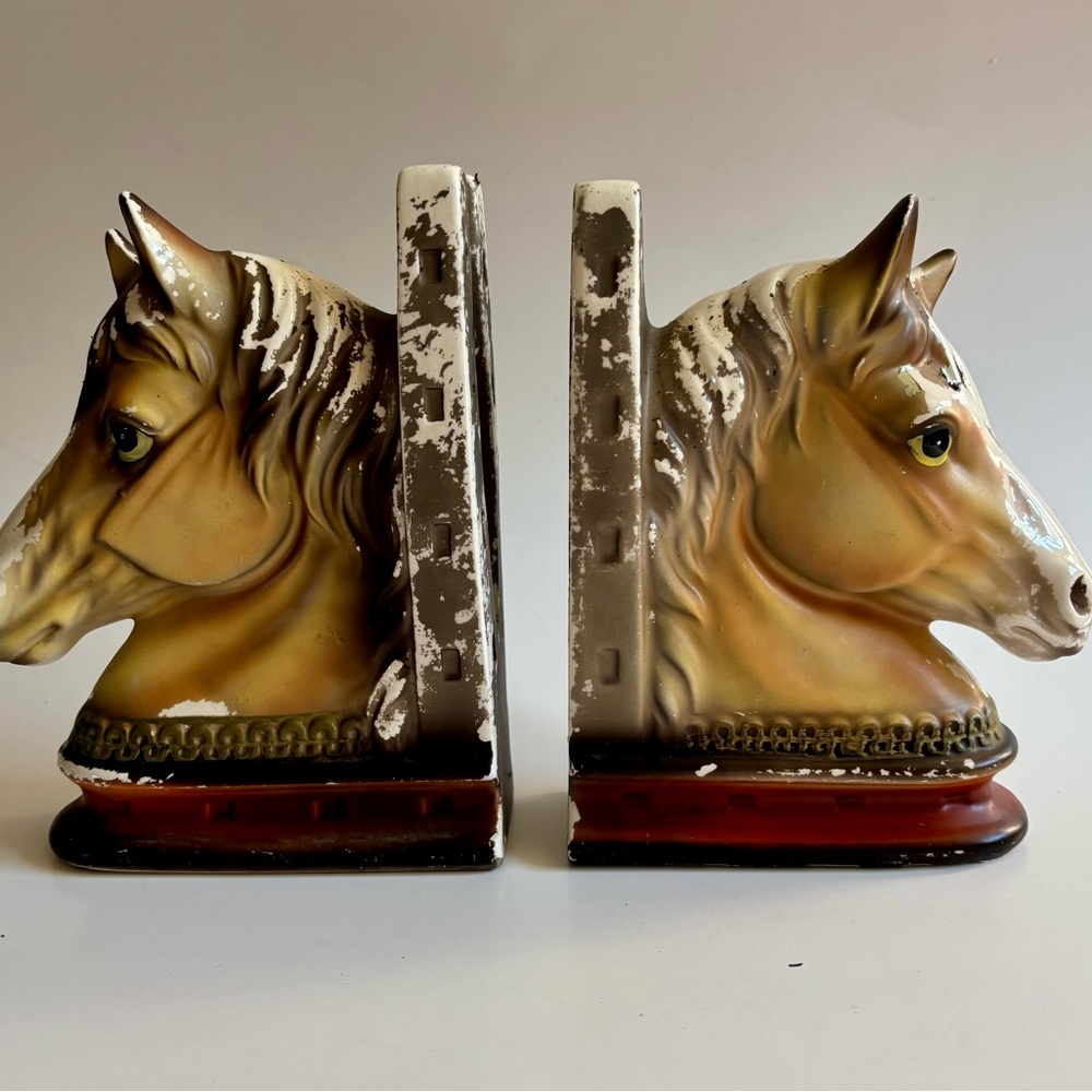 Vintage  Ceramic Pair Horse Head Bookends Mid Century Japan